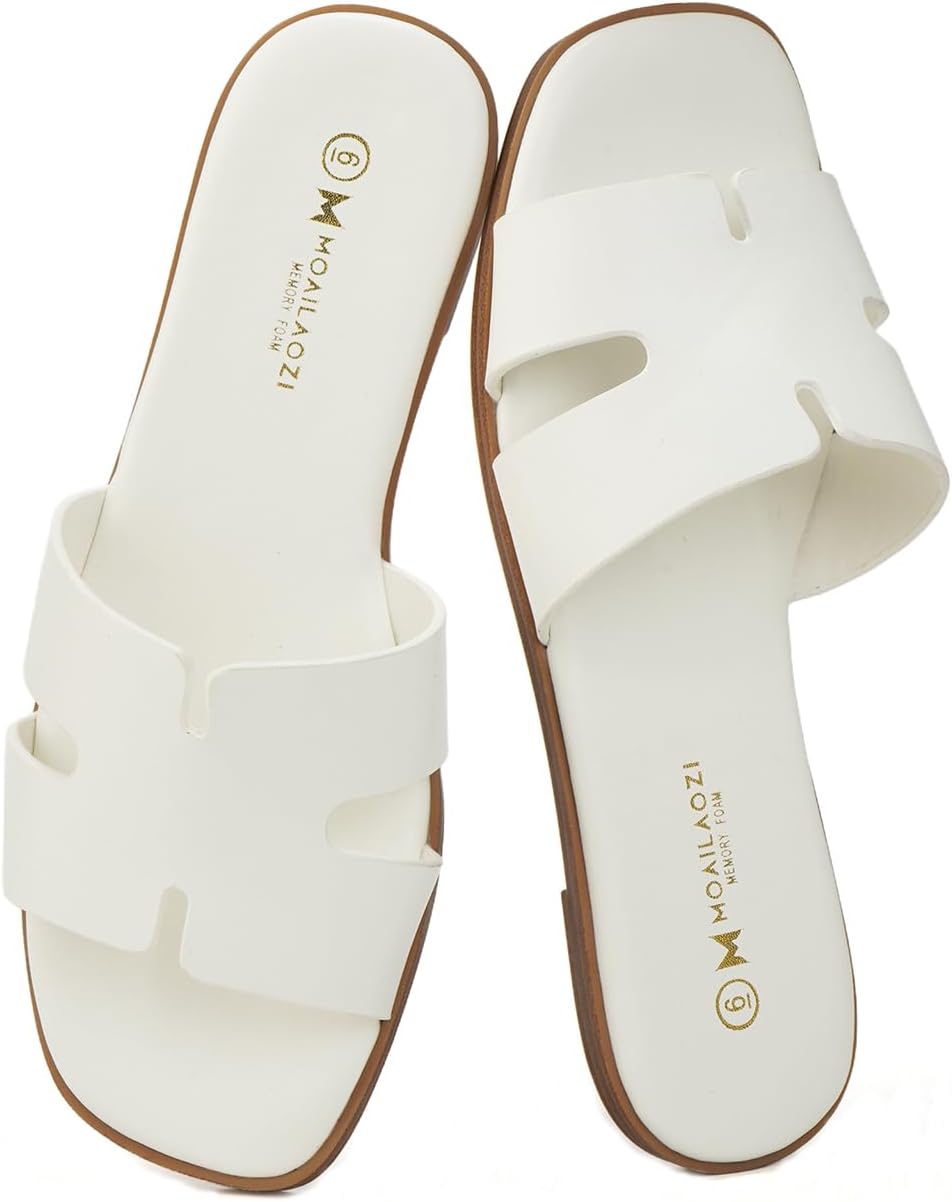 Women's Dressy Flat Slide Sandals - Slip On Band with Memory Foam Support for Beach and Summer Outings - Beige