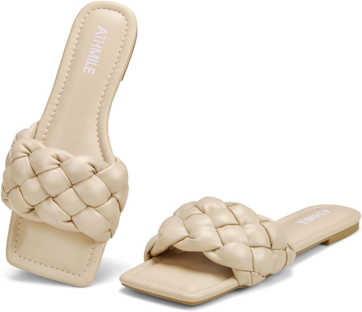 Women's Braided Leather Slide Sandals - Square Open Toe Slip On Flats for Dressy Summer Beach Days - 6
