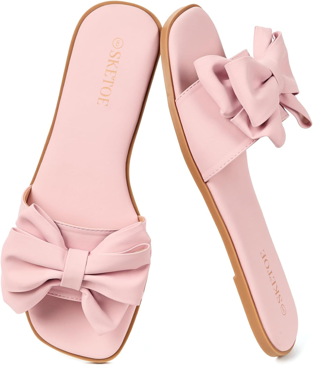 Women's Bow Front Flat Slide Sandals - Open Square Toe Design for Weddings, Beach Days and Vacations - 6