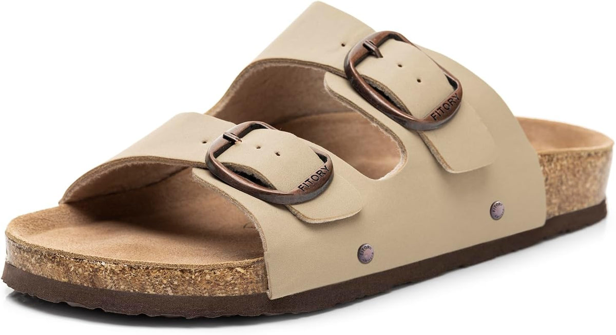 Women's Cork Footbed Slide Sandals - Open Toe with Adjustable Buckle Straps and Built In Arch Support - 6