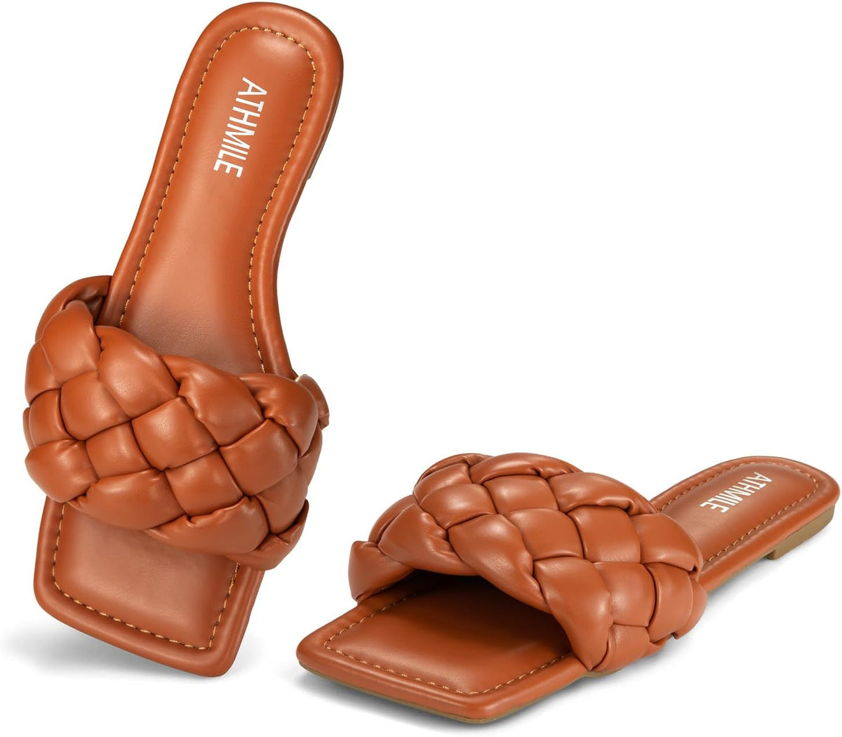 Women's Braided Leather Slide Sandals - Square Open Toe Slip On Flats for Dressy Summer Beach Days - 6