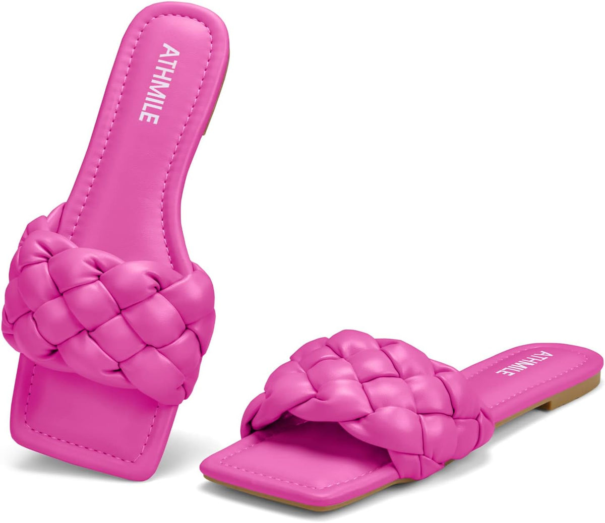 Women's Braided Leather Slide Sandals - Square Open Toe Slip On Flats for Dressy Summer Beach Days - 6