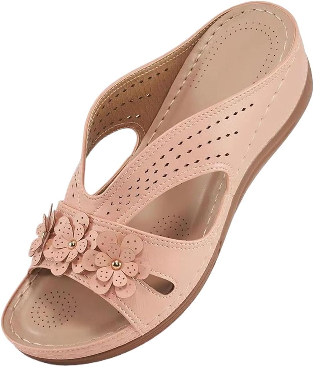 Women's Flower Trim Open Toe Slide Sandals - Orthotic Footbed with Non Slip Sole for Casual Summer Wear - 6