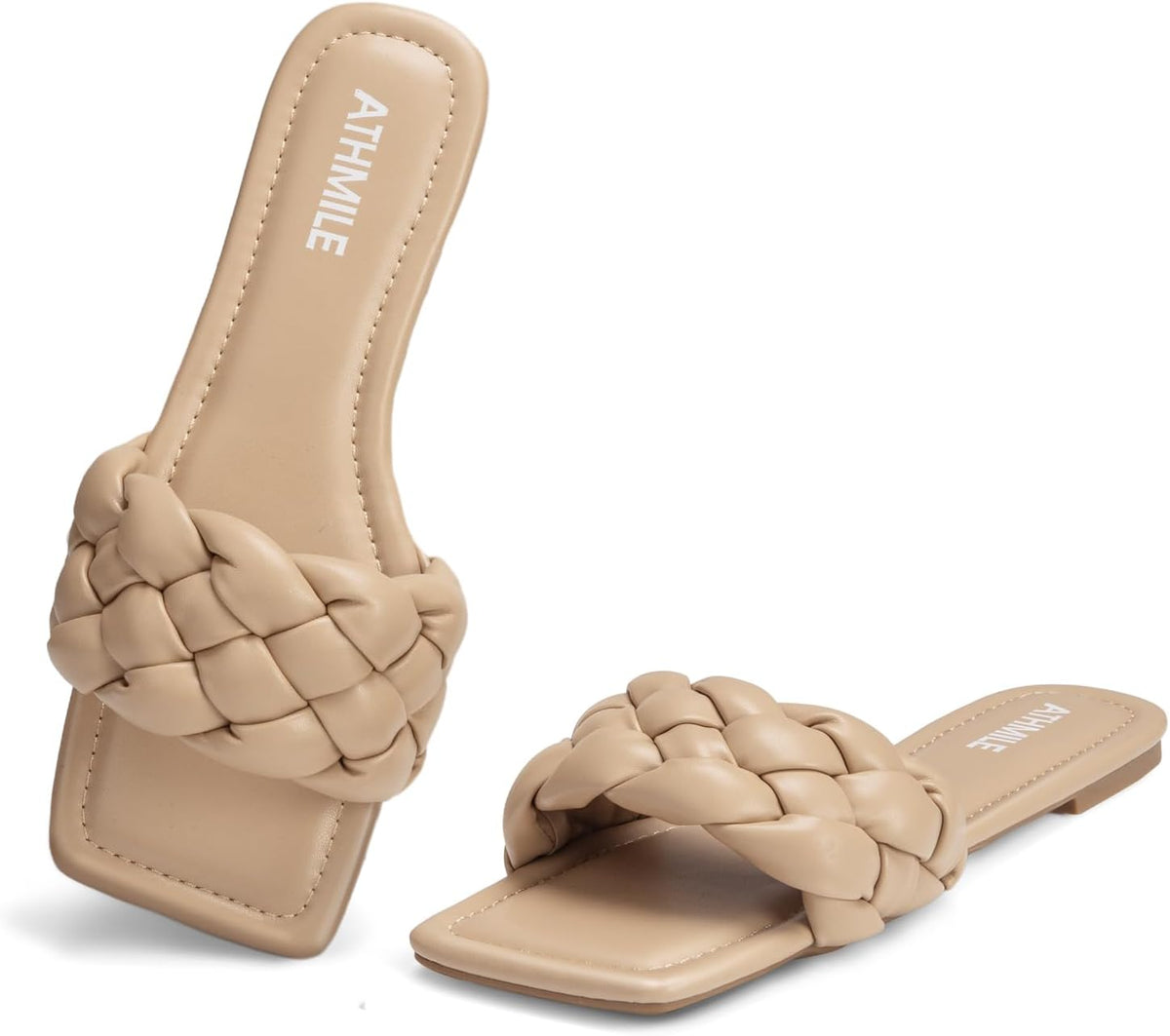 Women's Braided Leather Slide Sandals - Square Open Toe Slip On Flats for Dressy Summer Beach Days - 6