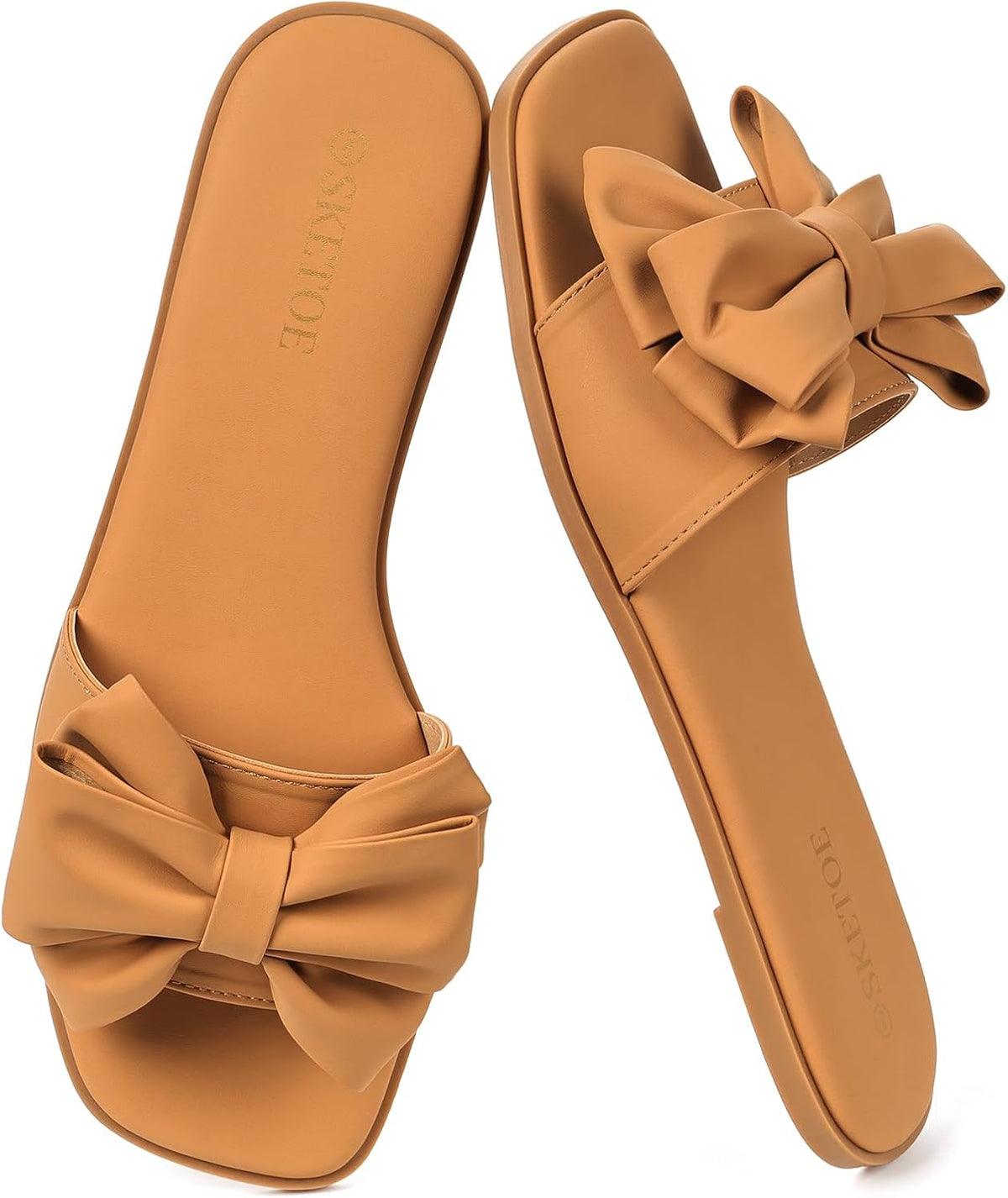 Women's Bow Front Flat Slide Sandals - Open Square Toe Design for Weddings, Beach Days and Vacations - 10