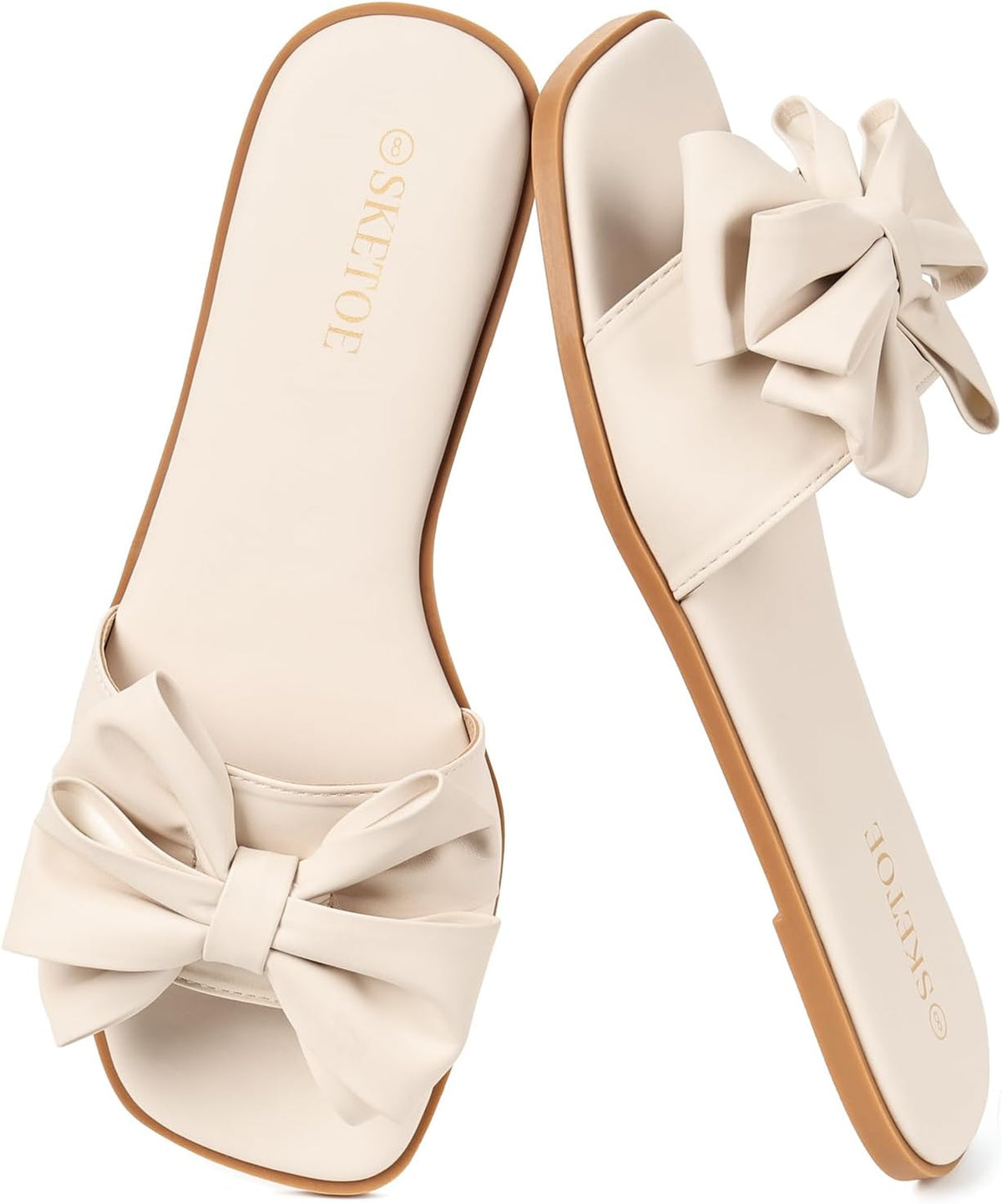 Women's Bow Front Flat Slide Sandals - Open Square Toe Design for Weddings, Beach Days and Vacations - 10