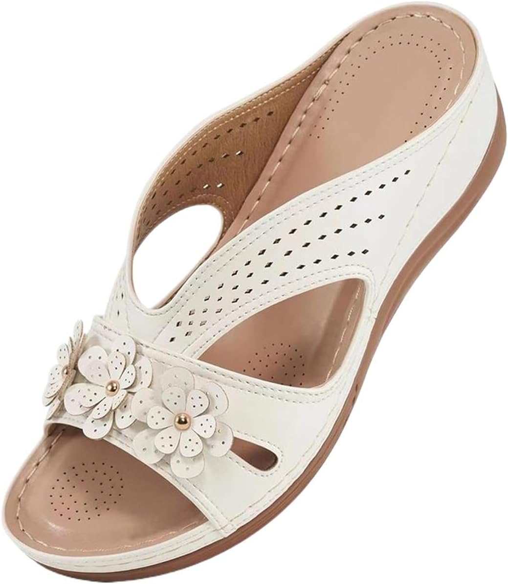 Women's Flower Trim Open Toe Slide Sandals - Orthotic Footbed with Non Slip Sole for Casual Summer Wear - 6