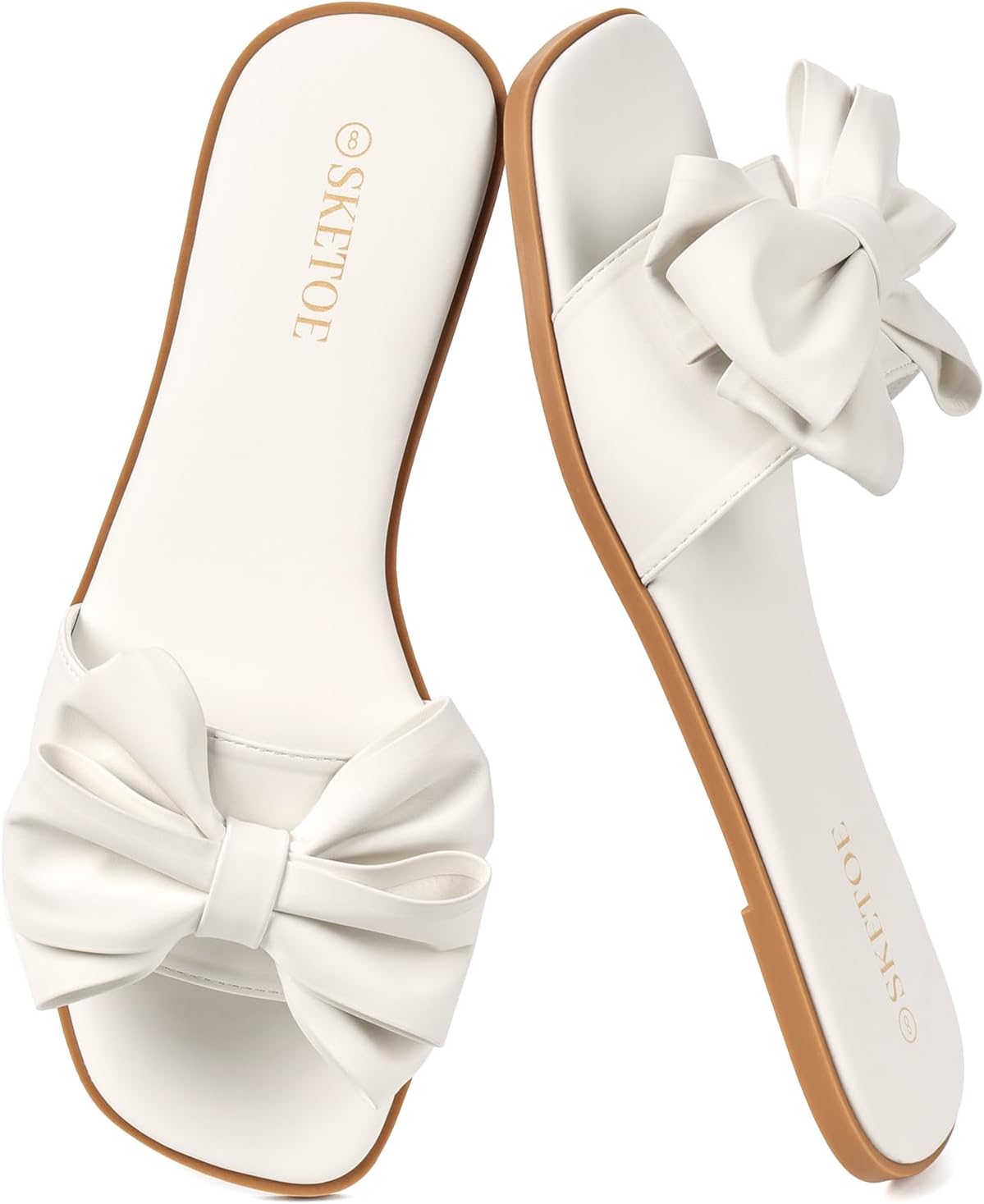 Women's Bow Front Flat Slide Sandals - Open Square Toe Design for Weddings, Beach Days and Vacations - 10