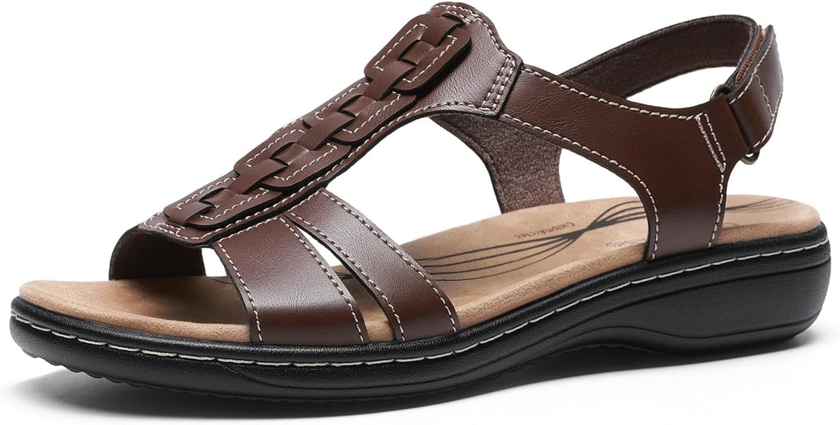 Women's T Strap Thong Flat Sandals - Arch Support Footbed with Hook and Loop Straps in Easy Clean PU - 7