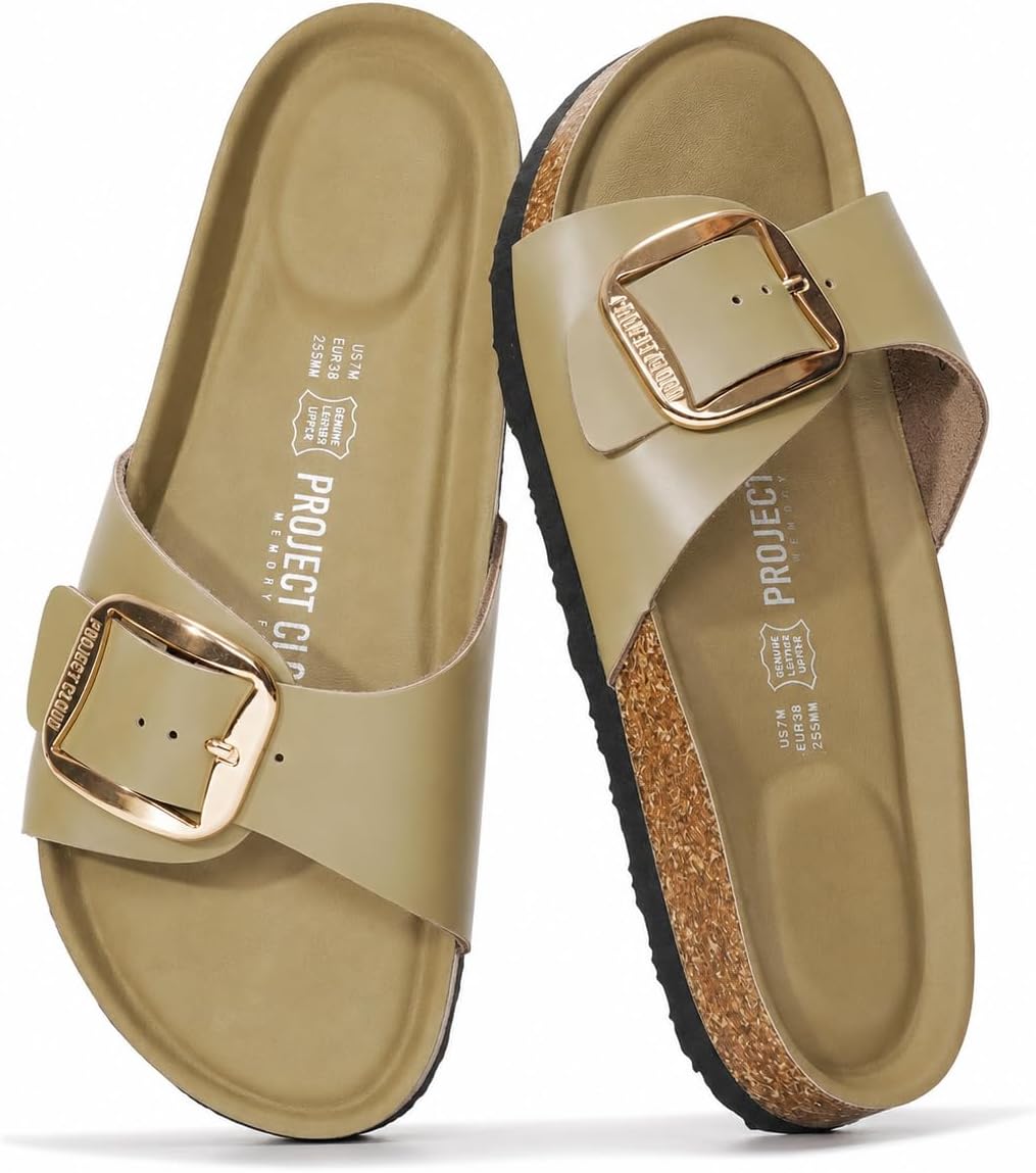 Women's Genuine Leather Slide Sandals - Memory Foam Insole and Buckle Strap for Everyday Summer Wear - 7