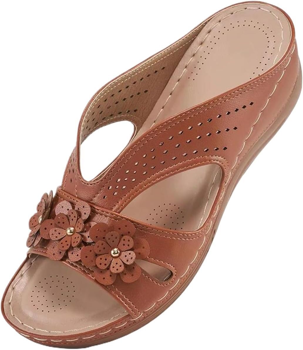 Women's Flower Trim Open Toe Slide Sandals - Orthotic Footbed with Non Slip Sole for Casual Summer Wear - 6