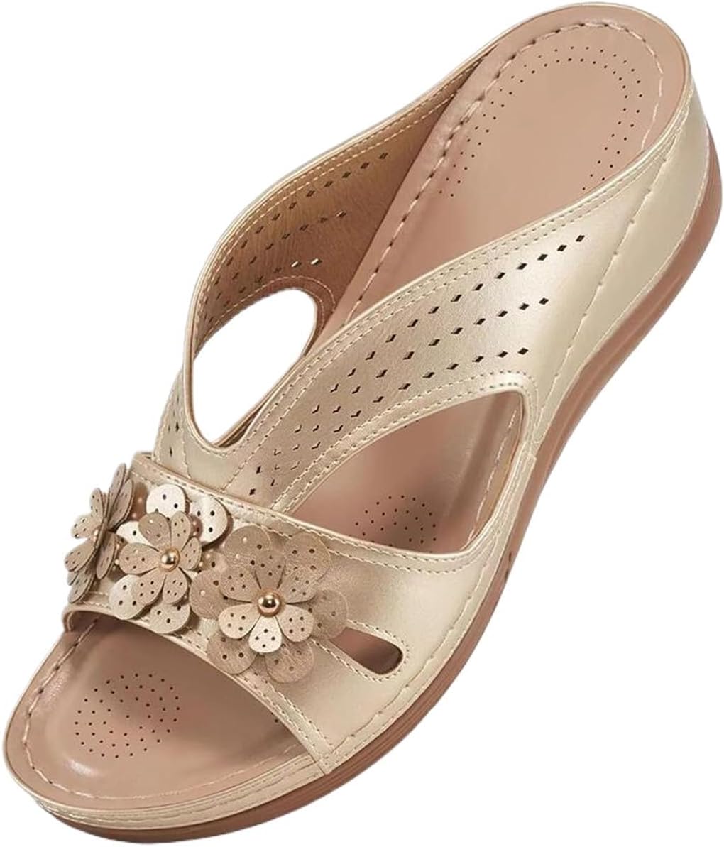 Women's Flower Trim Open Toe Slide Sandals - Orthotic Footbed with Non Slip Sole for Casual Summer Wear - 6
