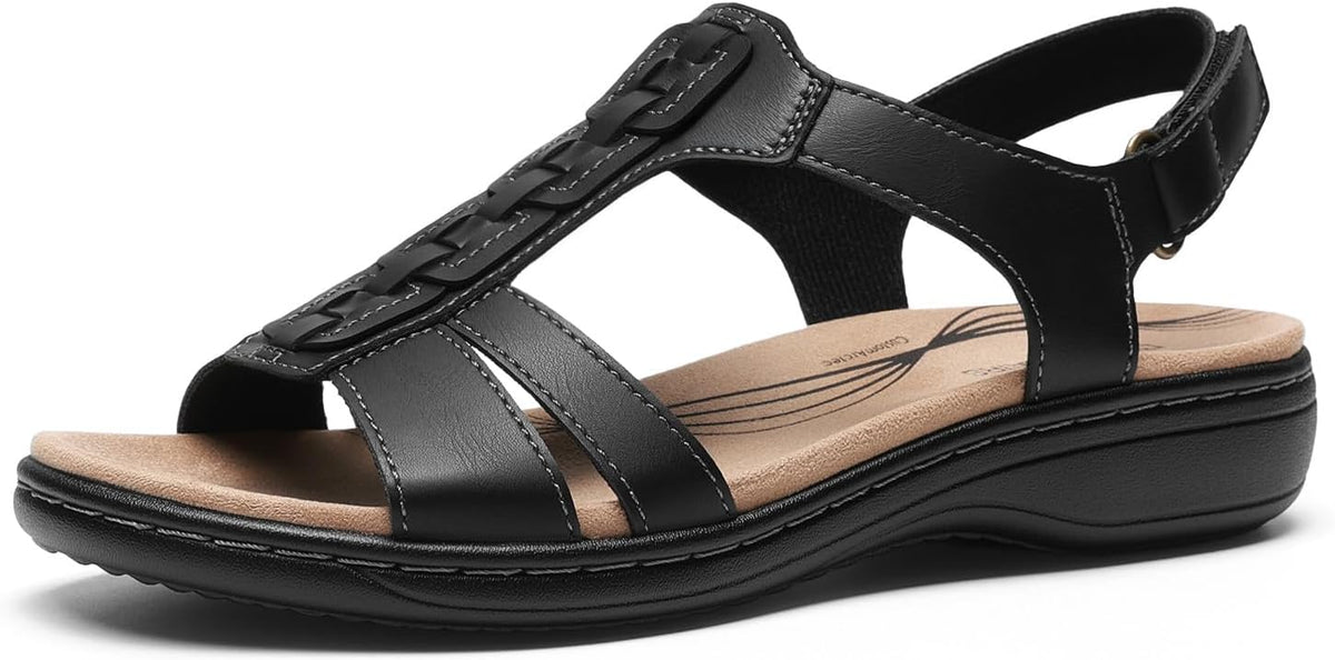 Women's T Strap Thong Flat Sandals - Arch Support Footbed with Hook and Loop Straps in Easy Clean PU - 6