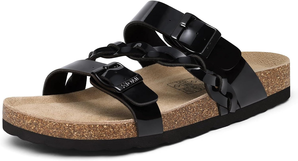 Women's Braided Cork Footbed Slide Sandals - Adjustable Buckle Straps with Arch Support for Travel and Beach Days - 6