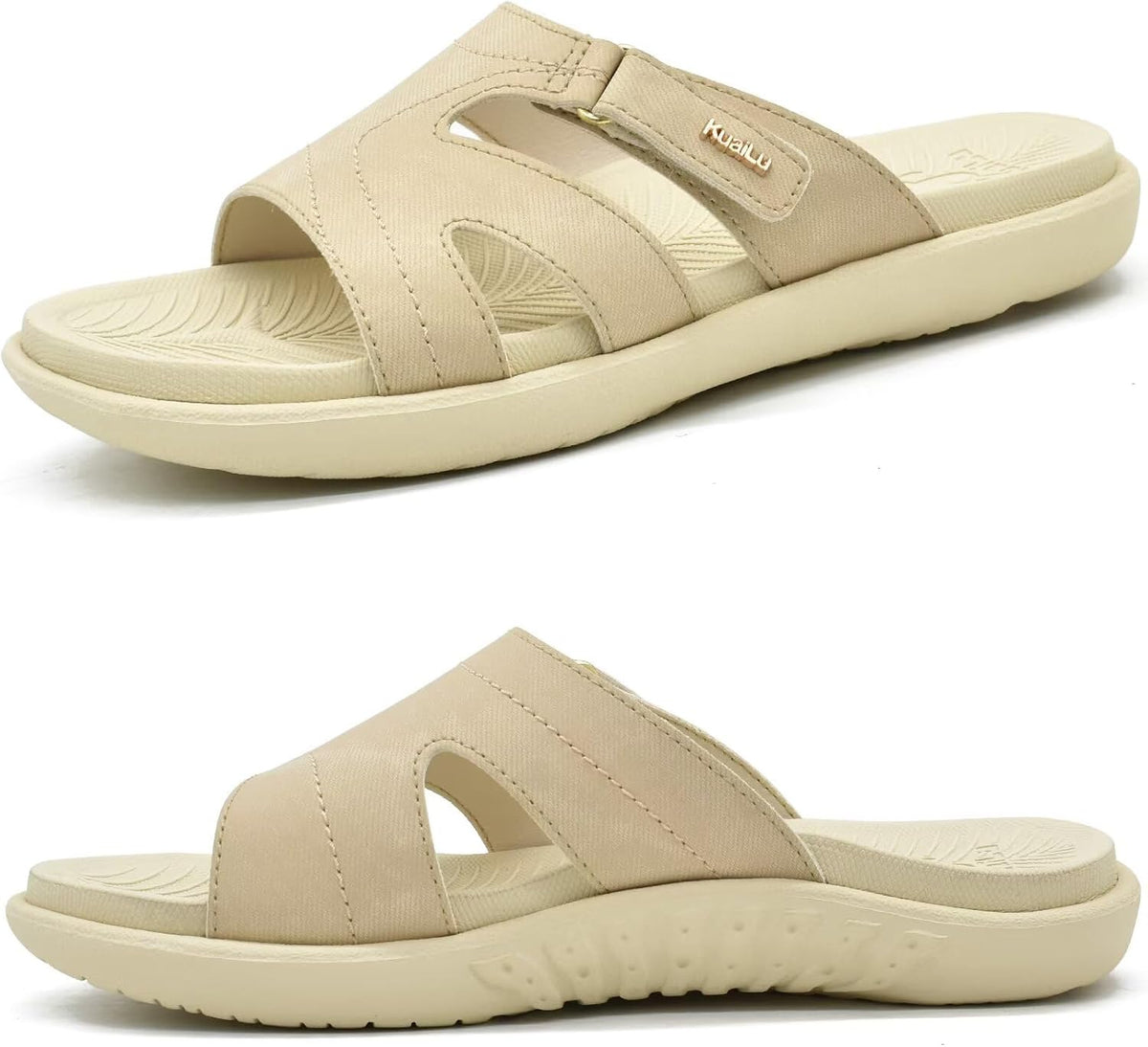 Women's Thick Cushioned Slide Sandals - Orthotic Yoga Mat Footbed with Arch Support for Walking - Beige