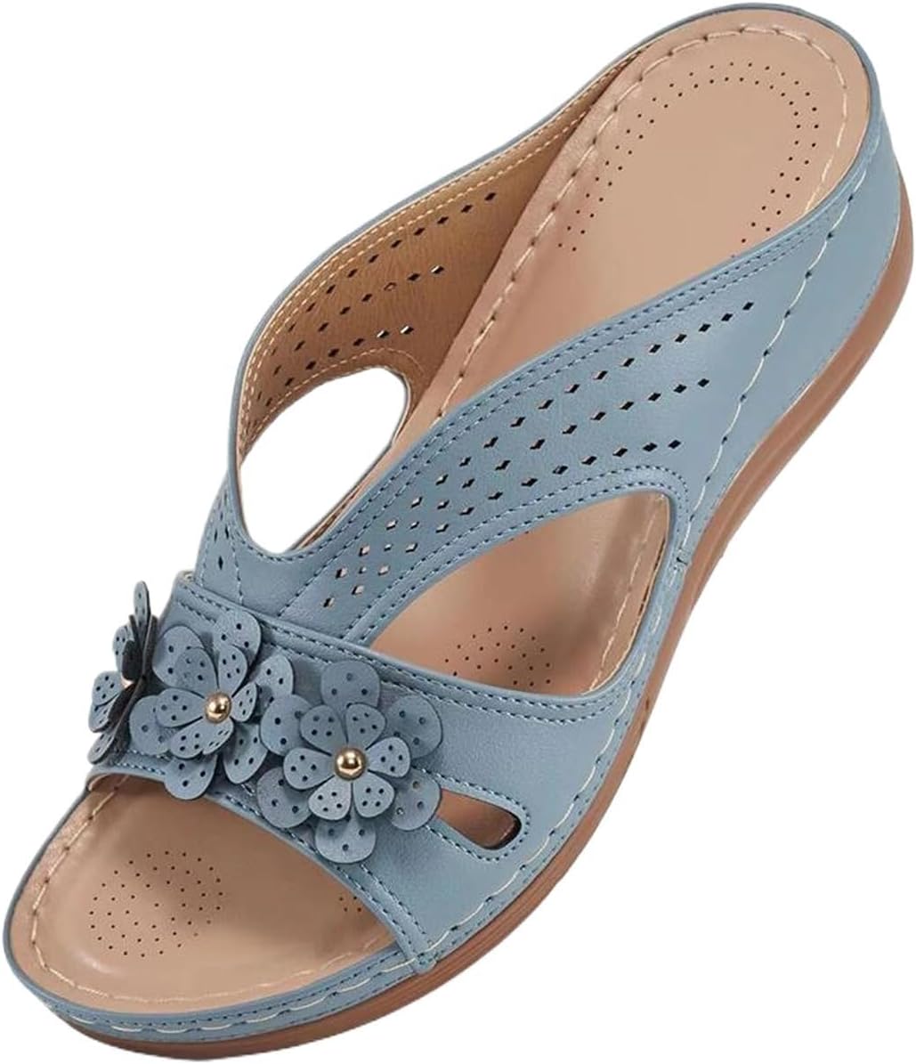 Women's Flower Trim Open Toe Slide Sandals - Orthotic Footbed with Non Slip Sole for Casual Summer Wear - 6
