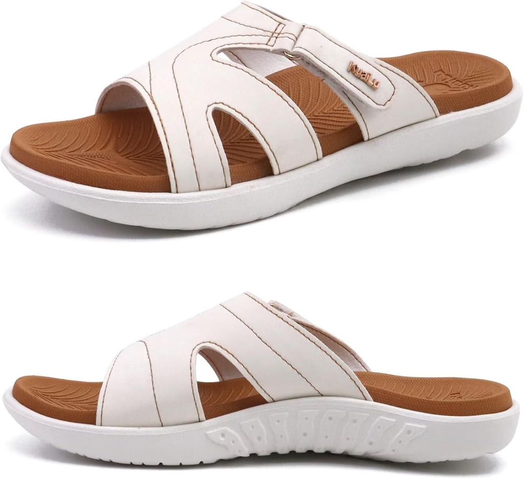 Women's Thick Cushioned Slide Sandals - Orthotic Yoga Mat Footbed with Arch Support for Walking - Beige
