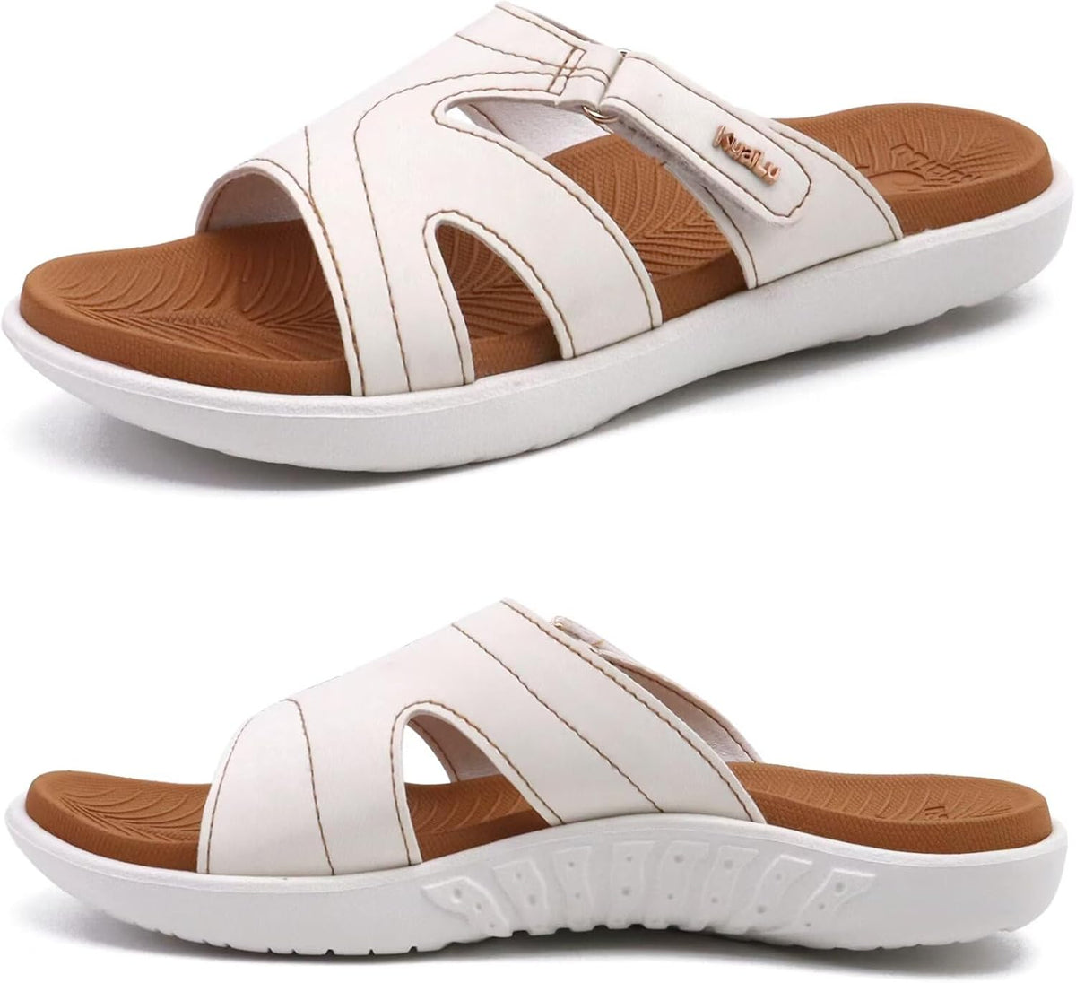 Women's Thick Cushioned Slide Sandals - Orthotic Yoga Mat Footbed with Arch Support for Walking - Beige