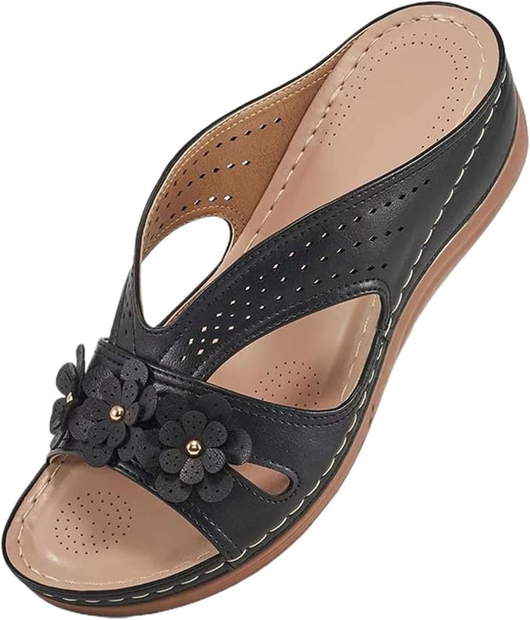 Women's Flower Trim Open Toe Slide Sandals - Orthotic Footbed with Non Slip Sole for Casual Summer Wear - 6