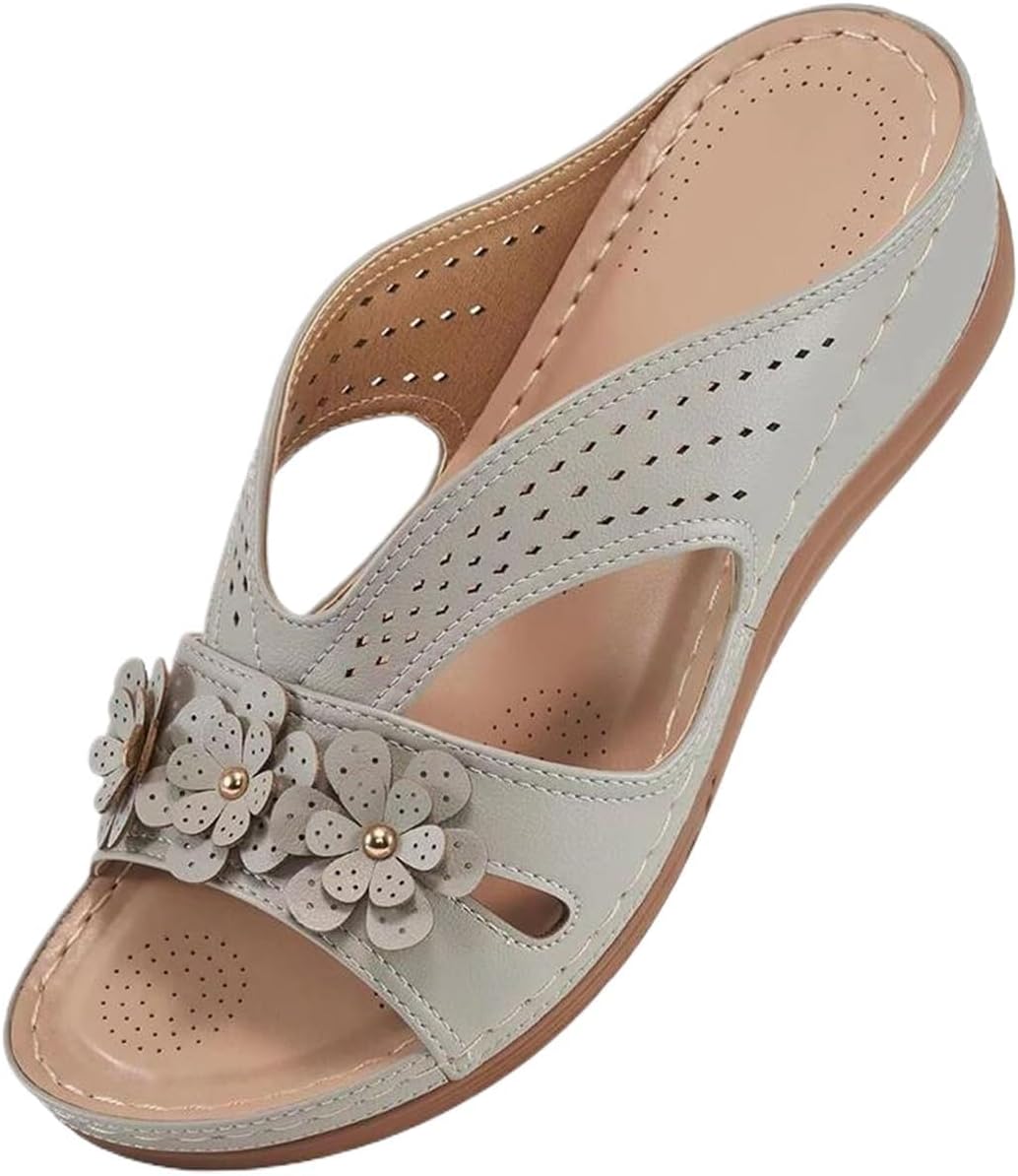 Women's Flower Trim Open Toe Slide Sandals - Orthotic Footbed with Non Slip Sole for Casual Summer Wear - 6