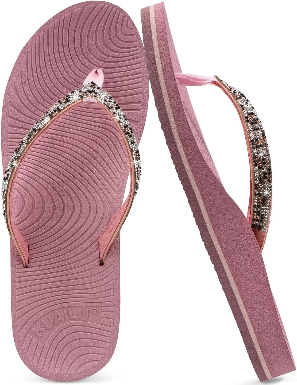 Women's Rhinestone Thong Flip Flops - Yoga Mat Cushioned Footbed with Arch Support for Beach and Travel - 6