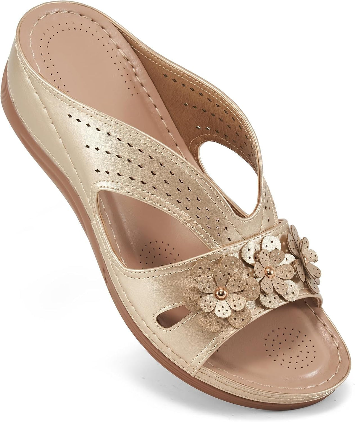 Women's Memory Foam Wedge Slide Sandals - Slip On Platform Sole with Wide Band for Dressy Summer Days - White