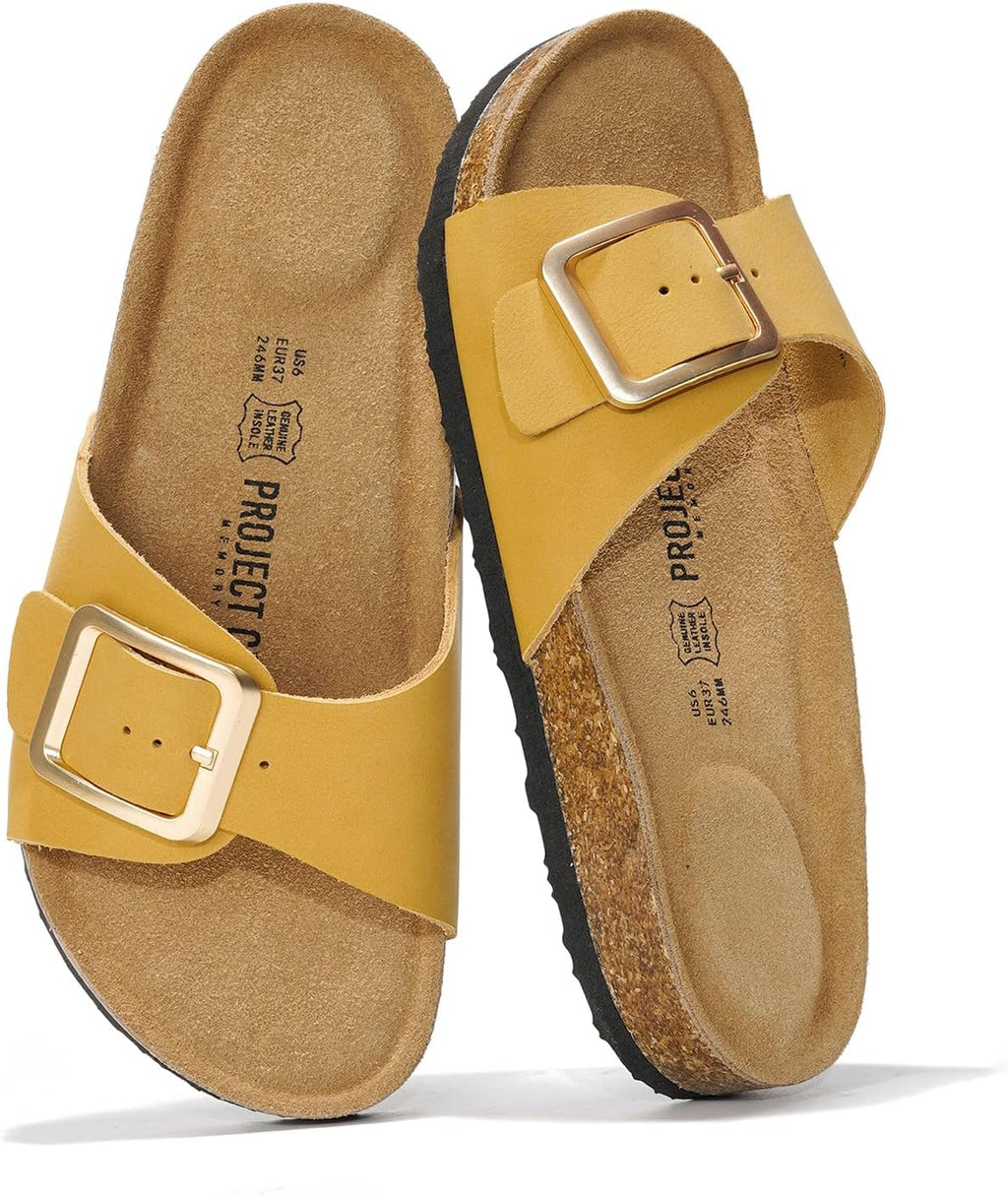 Women's Genuine Leather Slide Sandals - Memory Foam Insole and Buckle Strap for Everyday Summer Wear - 6 (28)