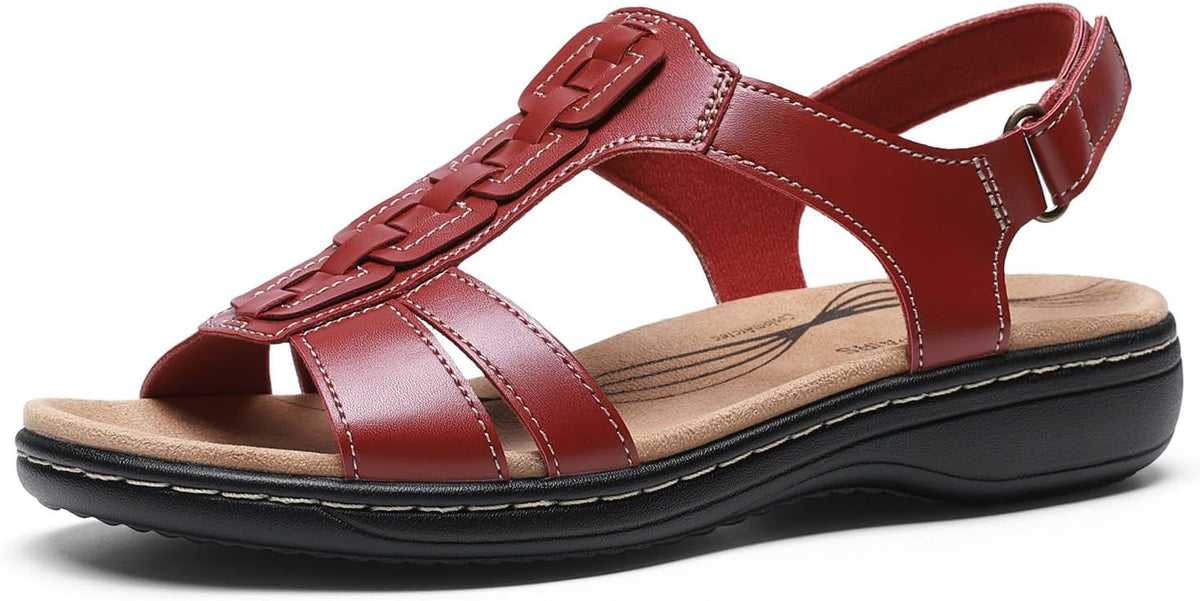 Women's T Strap Thong Flat Sandals - Arch Support Footbed with Hook and Loop Straps in Easy Clean PU - 8