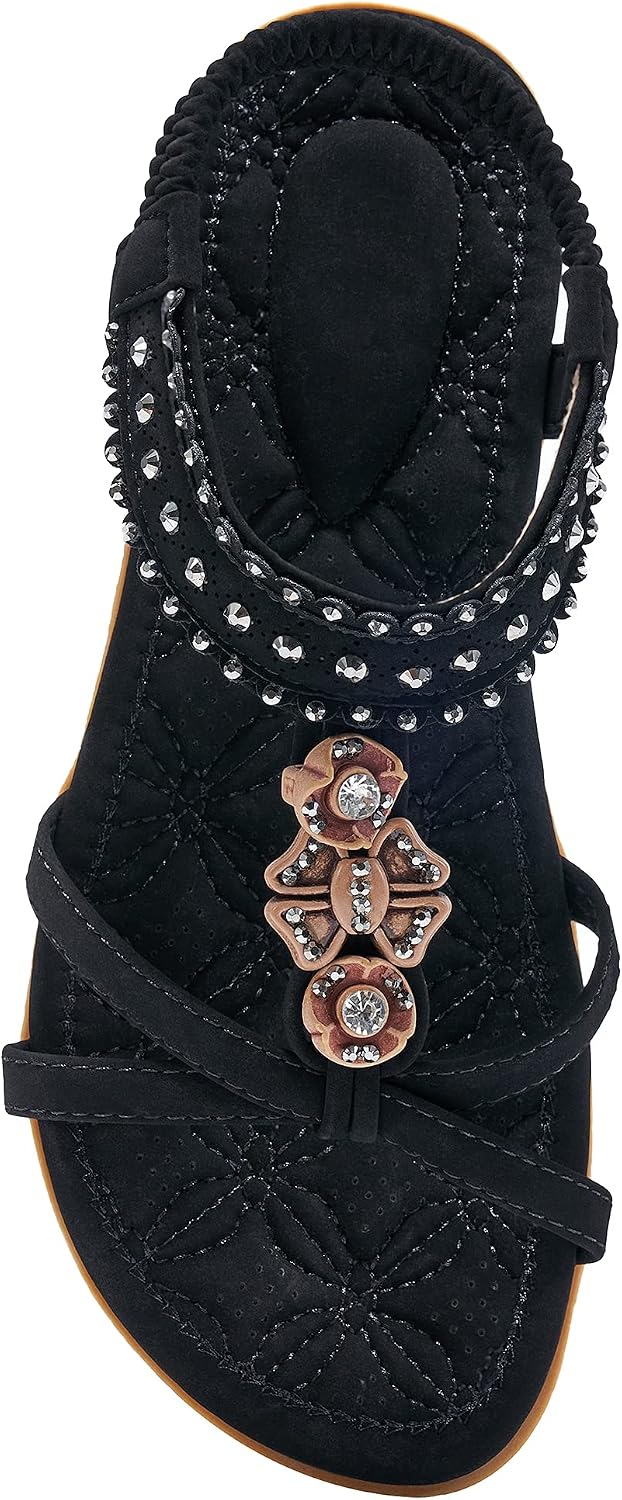 Women's Jeweled Bohemian Flat Sandals - Elastic Ankle Strap and Flat Sole for Weddings and Vacations - 7