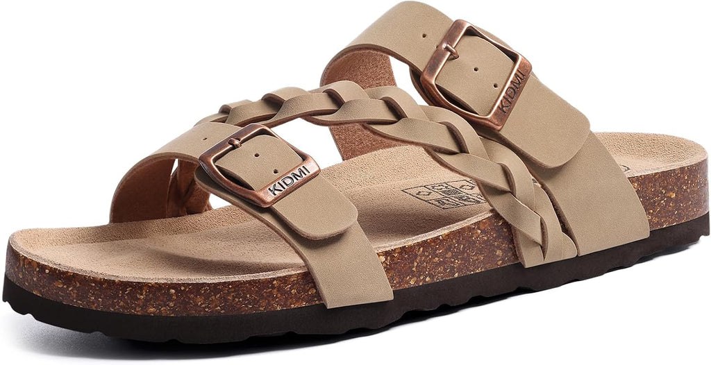 Women's Braided Cork Footbed Slide Sandals - Adjustable Buckle Straps with Arch Support for Travel and Beach Days - 7
