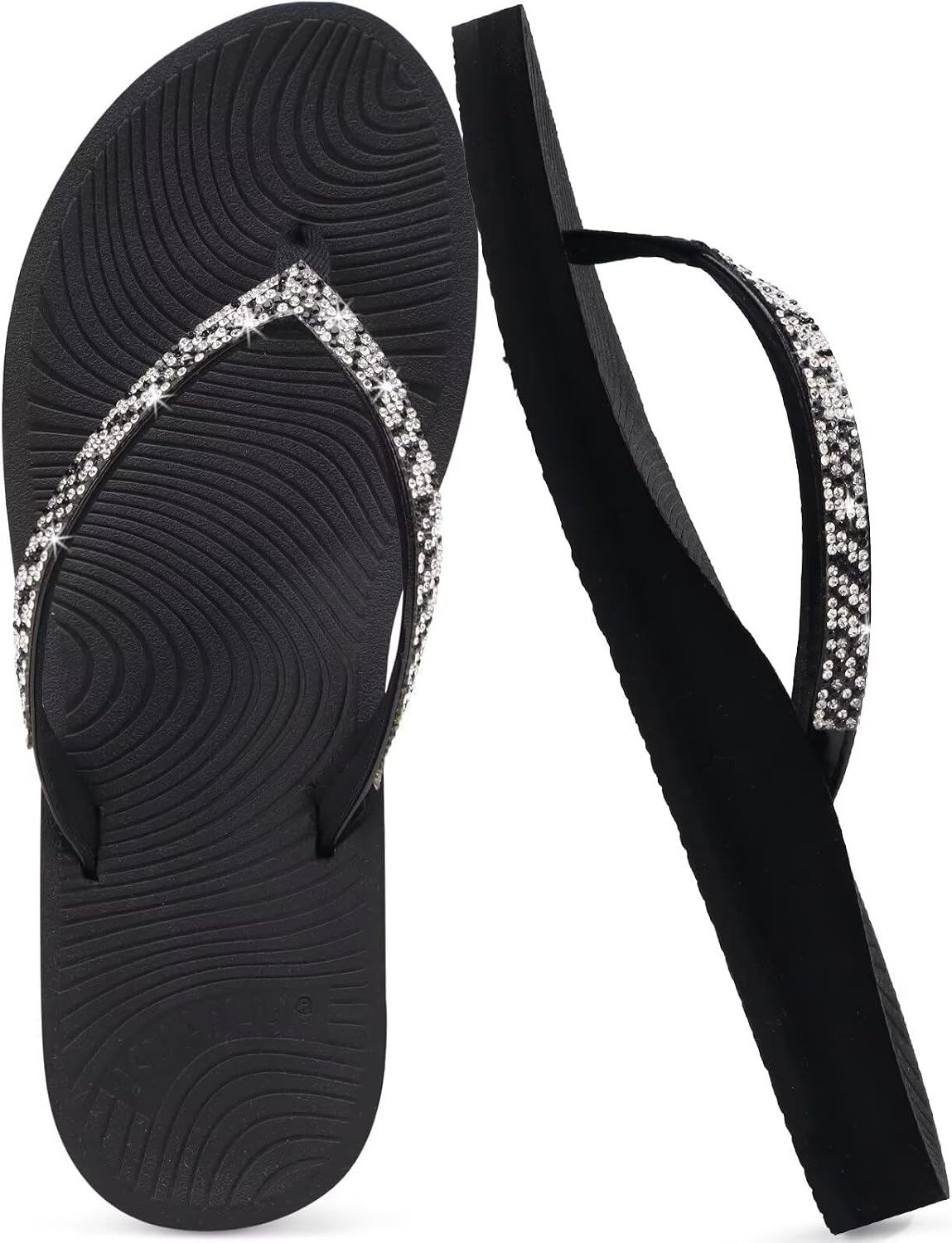 Women's Rhinestone Thong Flip Flops - Yoga Mat Cushioned Footbed with Arch Support for Beach and Travel - 7