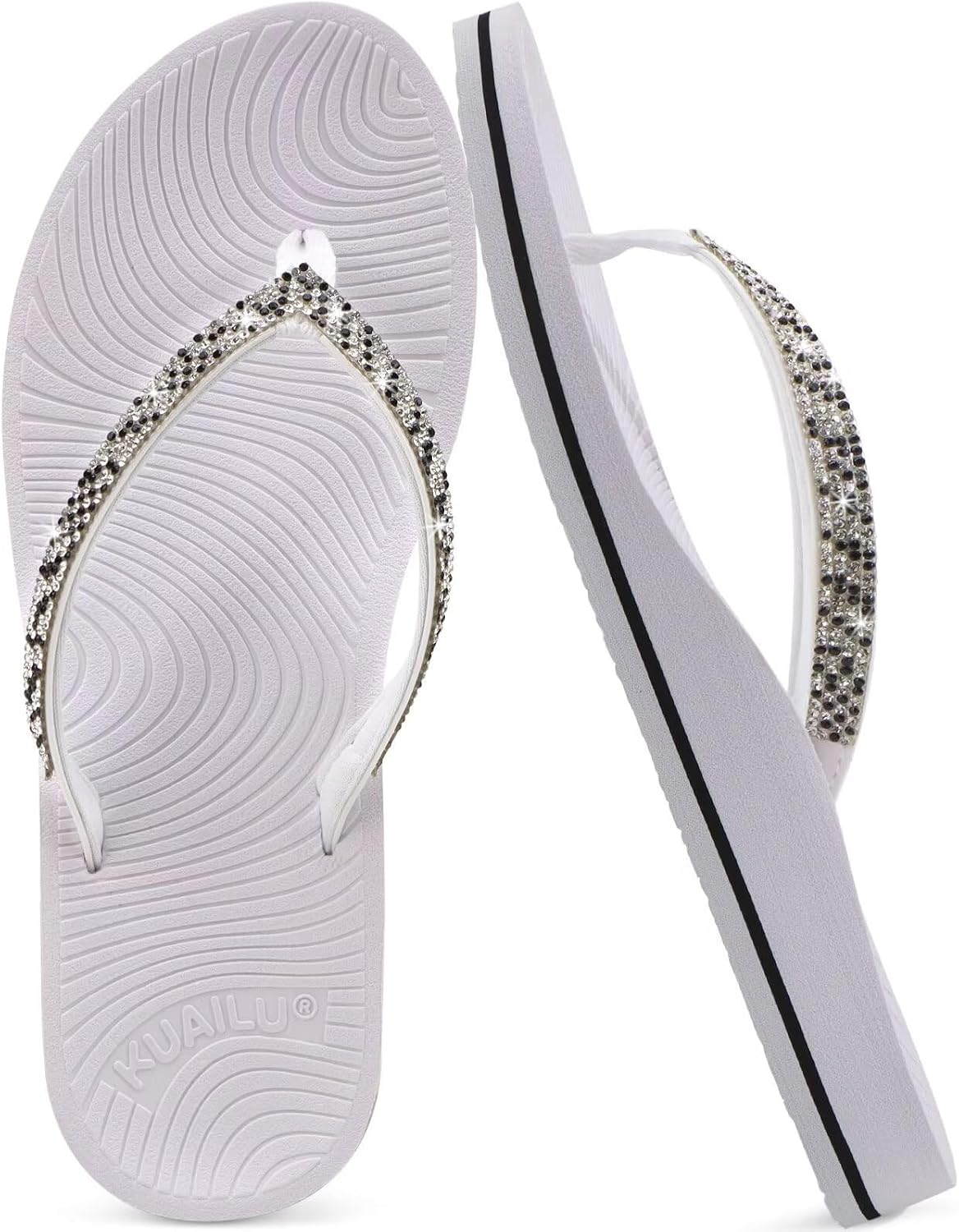 Women's Rhinestone Thong Flip Flops - Yoga Mat Cushioned Footbed with Arch Support for Beach and Travel - 6