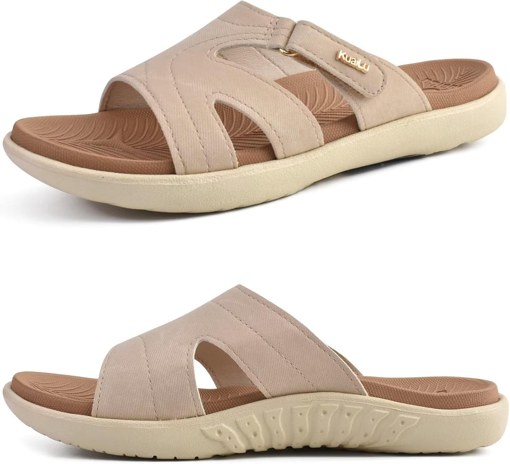 Women's Thick Cushioned Slide Sandals - Orthotic Yoga Mat Footbed with Arch Support for Walking - Beige