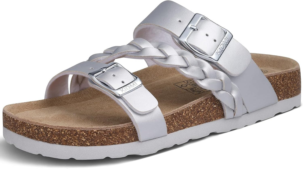 Women's Braided Cork Footbed Slide Sandals - Adjustable Buckle Straps with Arch Support for Travel and Beach Days - 6