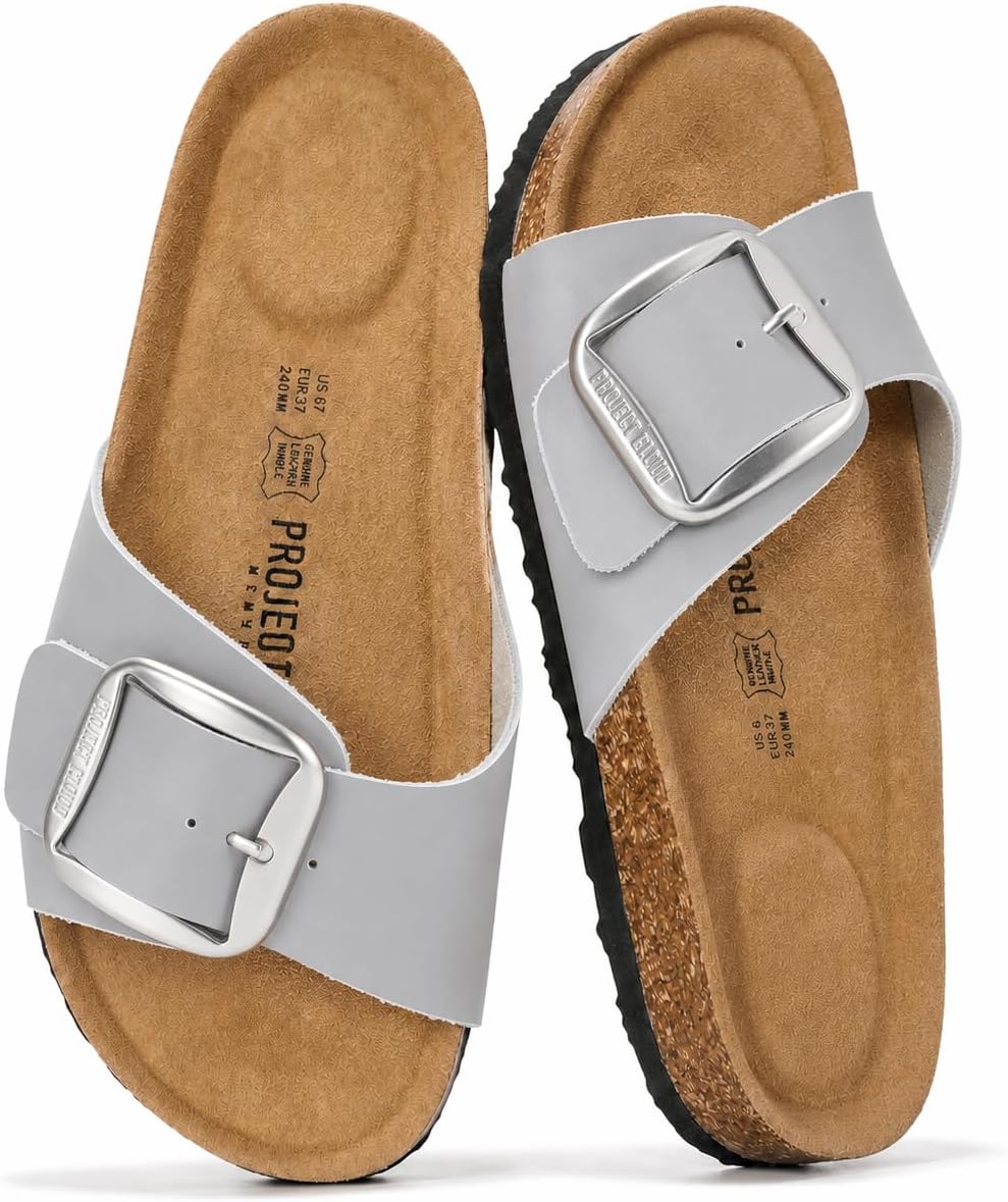 Women's Genuine Leather Slide Sandals - Memory Foam Insole and Buckle Strap for Everyday Summer Wear - 6