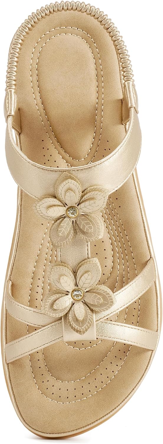 Women's Floral Flat Sandals - Ankle Strap with Cushioned Footbed and Non Slip Outsole for Summer Vacations - 6