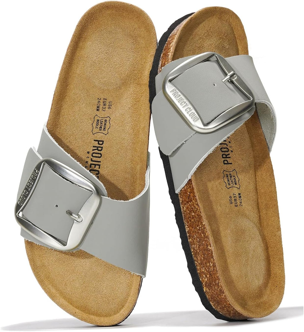 Women's Genuine Leather Slide Sandals - Memory Foam Insole and Buckle Strap for Everyday Summer Wear - 6
