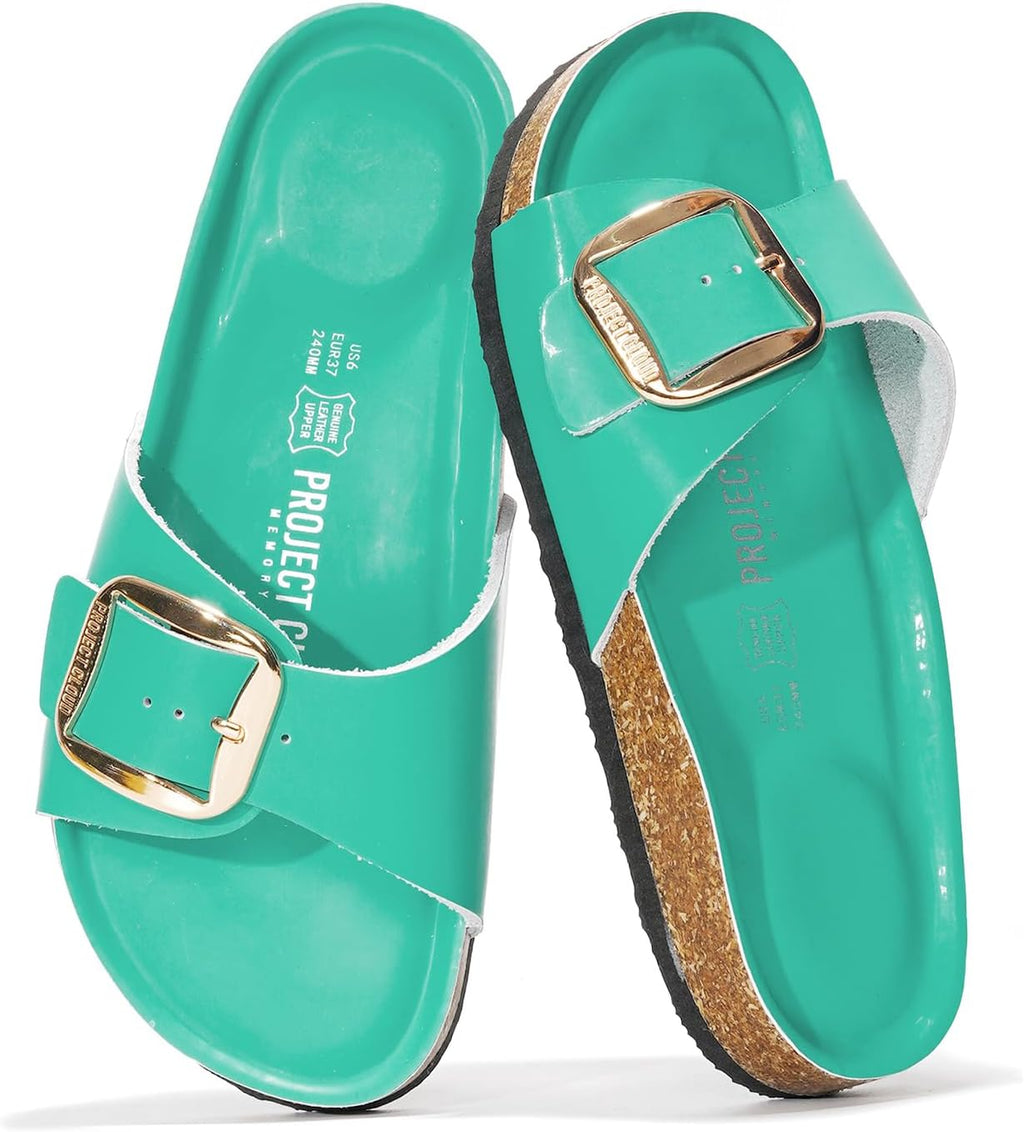 Women's Genuine Leather Slide Sandals - Memory Foam Insole and Buckle Strap for Everyday Summer Wear - 6 (26)