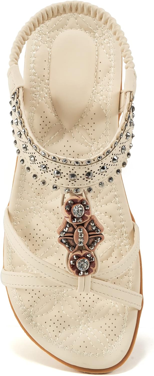 Women's Jeweled Bohemian Flat Sandals - Elastic Ankle Strap and Flat Sole for Weddings and Vacations - 7
