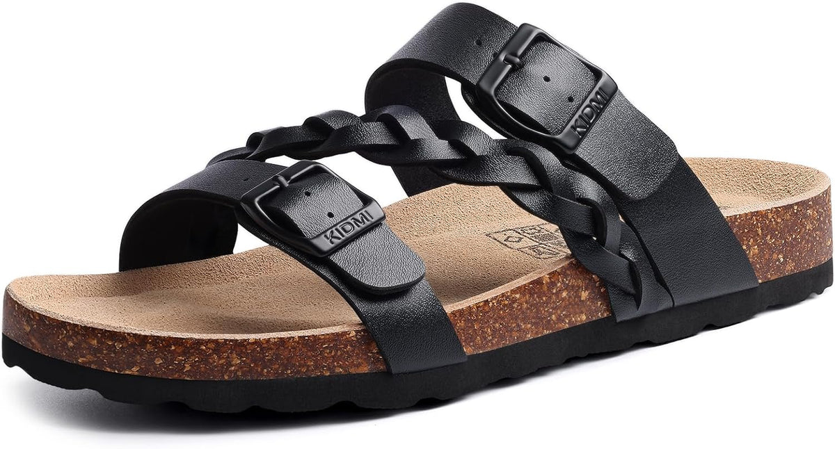 Women's Braided Cork Footbed Slide Sandals - Adjustable Buckle Straps with Arch Support for Travel and Beach Days - 6