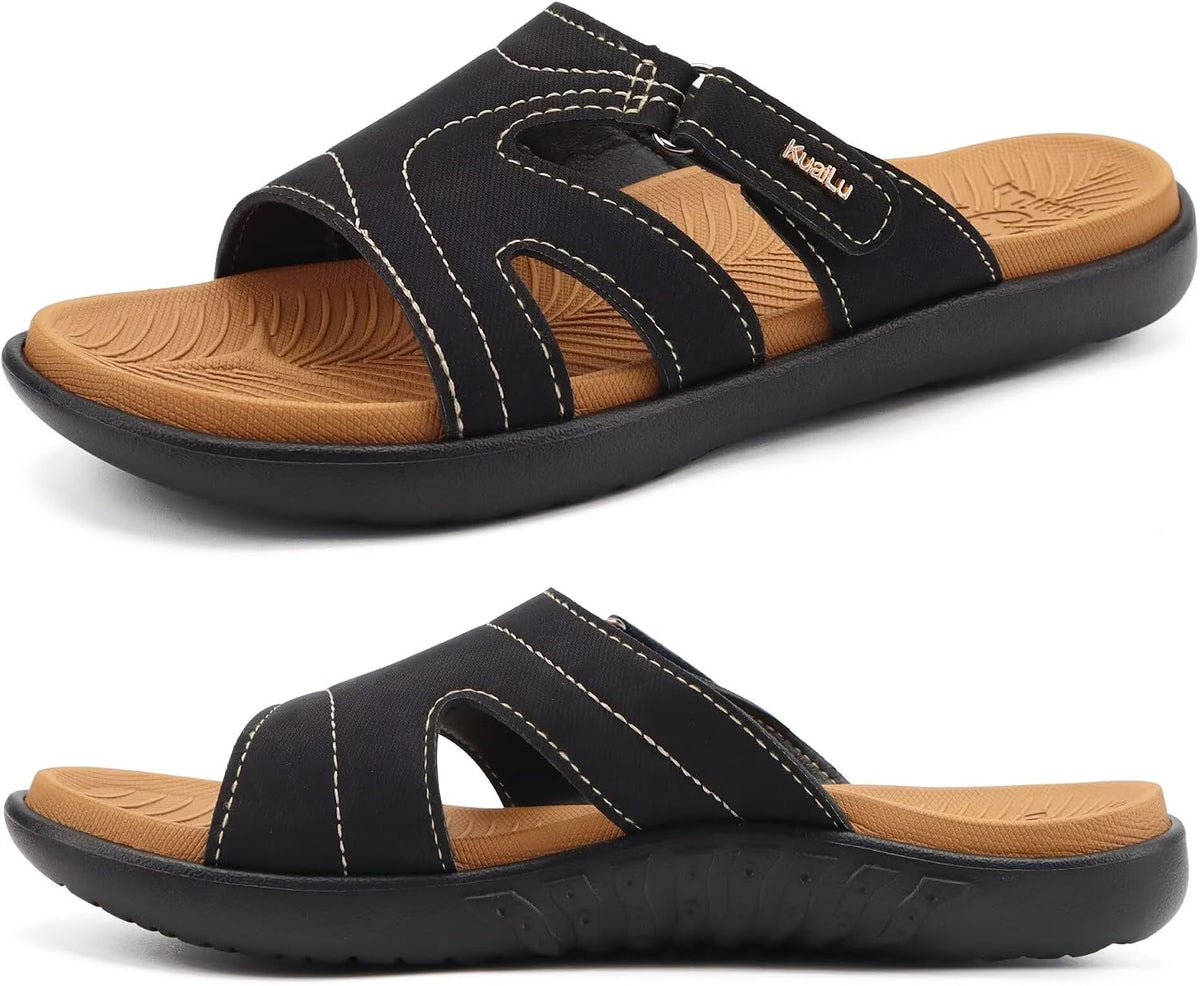 Women's Thick Cushioned Slide Sandals - Orthotic Yoga Mat Footbed with Arch Support for Walking - Black Khaki