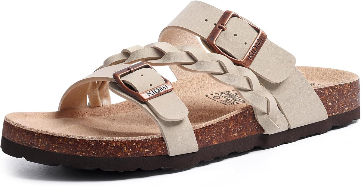 Women's Braided Cork Footbed Slide Sandals - Adjustable Buckle Straps with Arch Support for Travel and Beach Days - 6