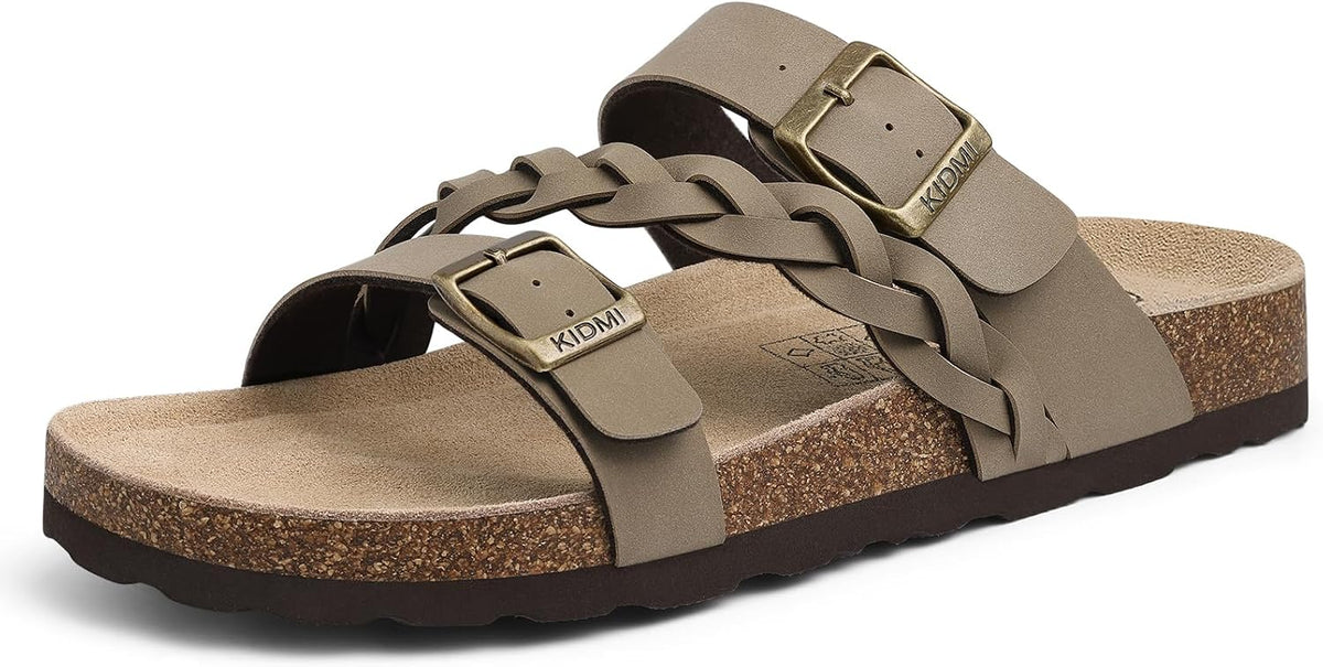 Women's Braided Cork Footbed Slide Sandals - Adjustable Buckle Straps with Arch Support for Travel and Beach Days - 6