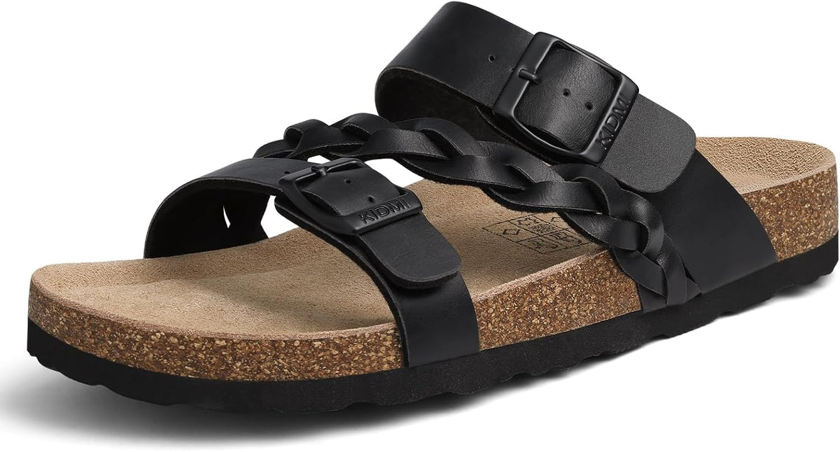 Women's Braided Cork Footbed Slide Sandals - Adjustable Buckle Straps with Arch Support for Travel and Beach Days - 6