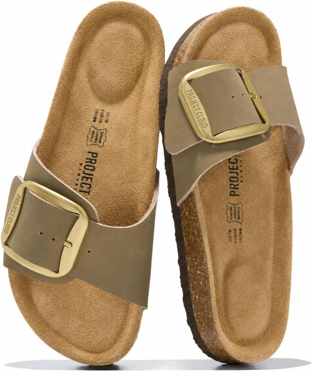 Women's Genuine Leather Slide Sandals - Memory Foam Insole and Buckle Strap for Everyday Summer Wear - 6