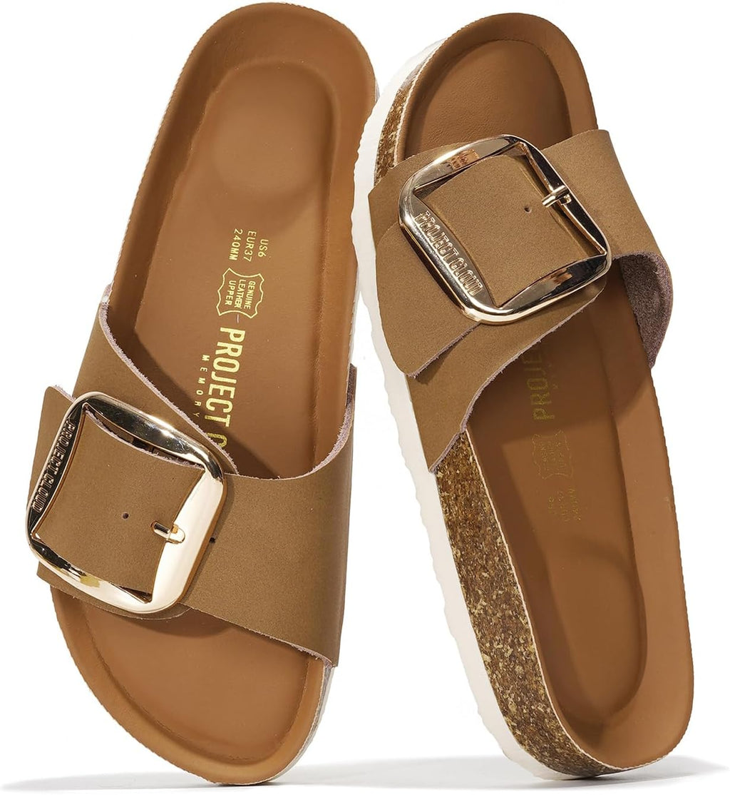 Women's Genuine Leather Slide Sandals - Memory Foam Insole and Buckle Strap for Everyday Summer Wear - 10