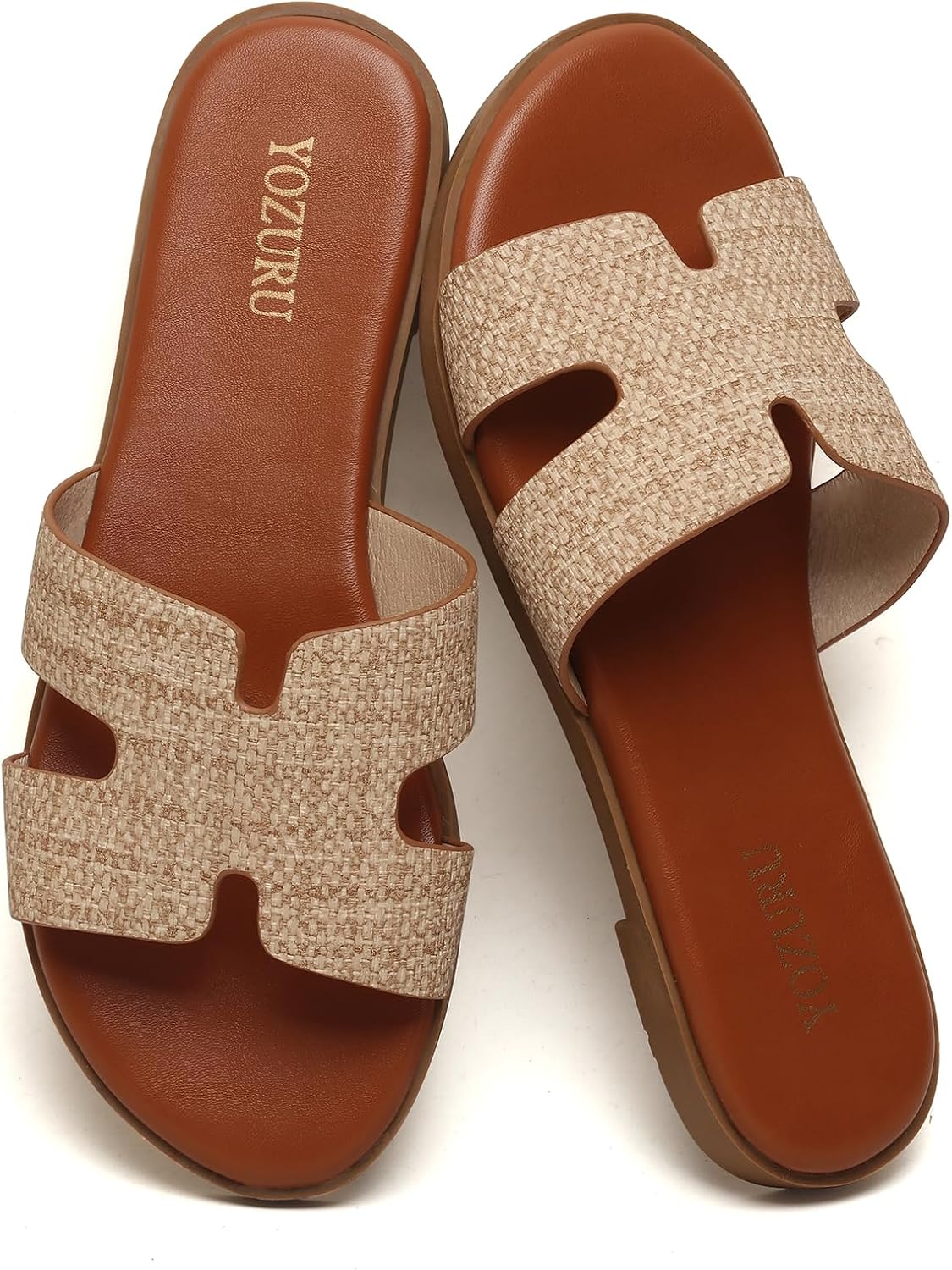 Women's Leather Flat Slide Sandals - Slip On Open Toe Pair for Office Days, Beach and Summer Vacations - 6
