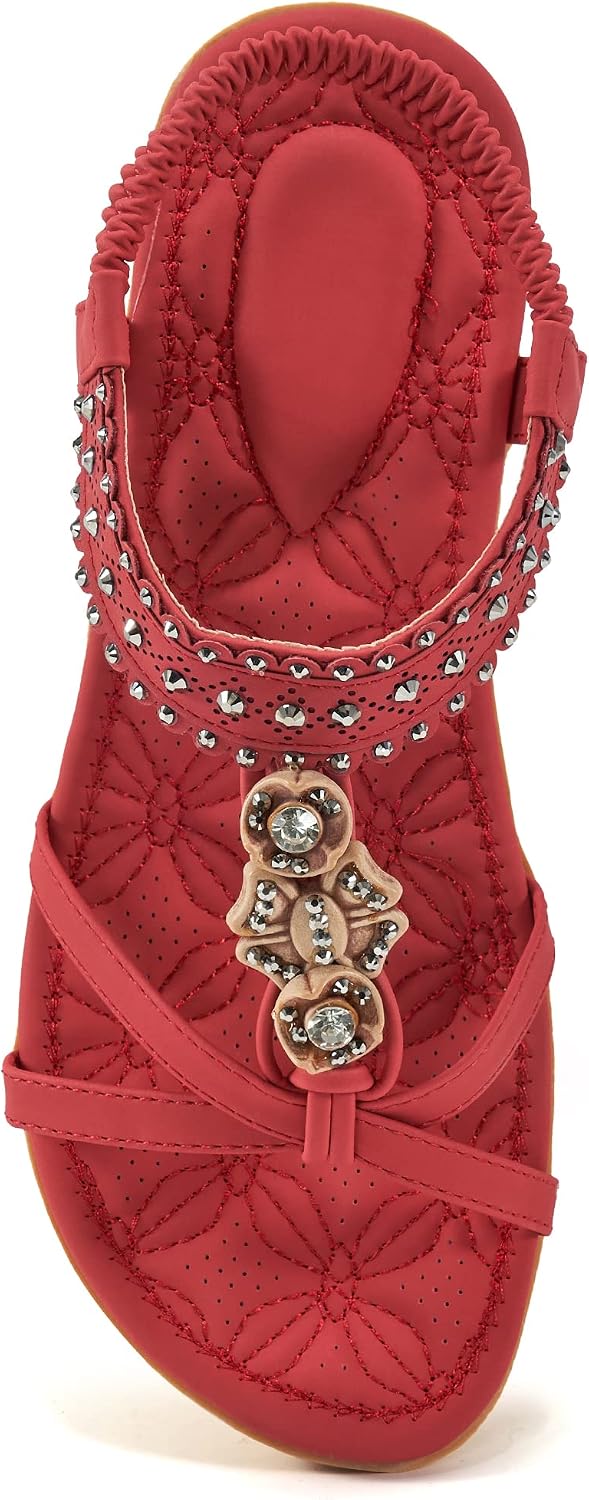 Women's Jeweled Bohemian Flat Sandals - Elastic Ankle Strap and Flat Sole for Weddings and Vacations - 7