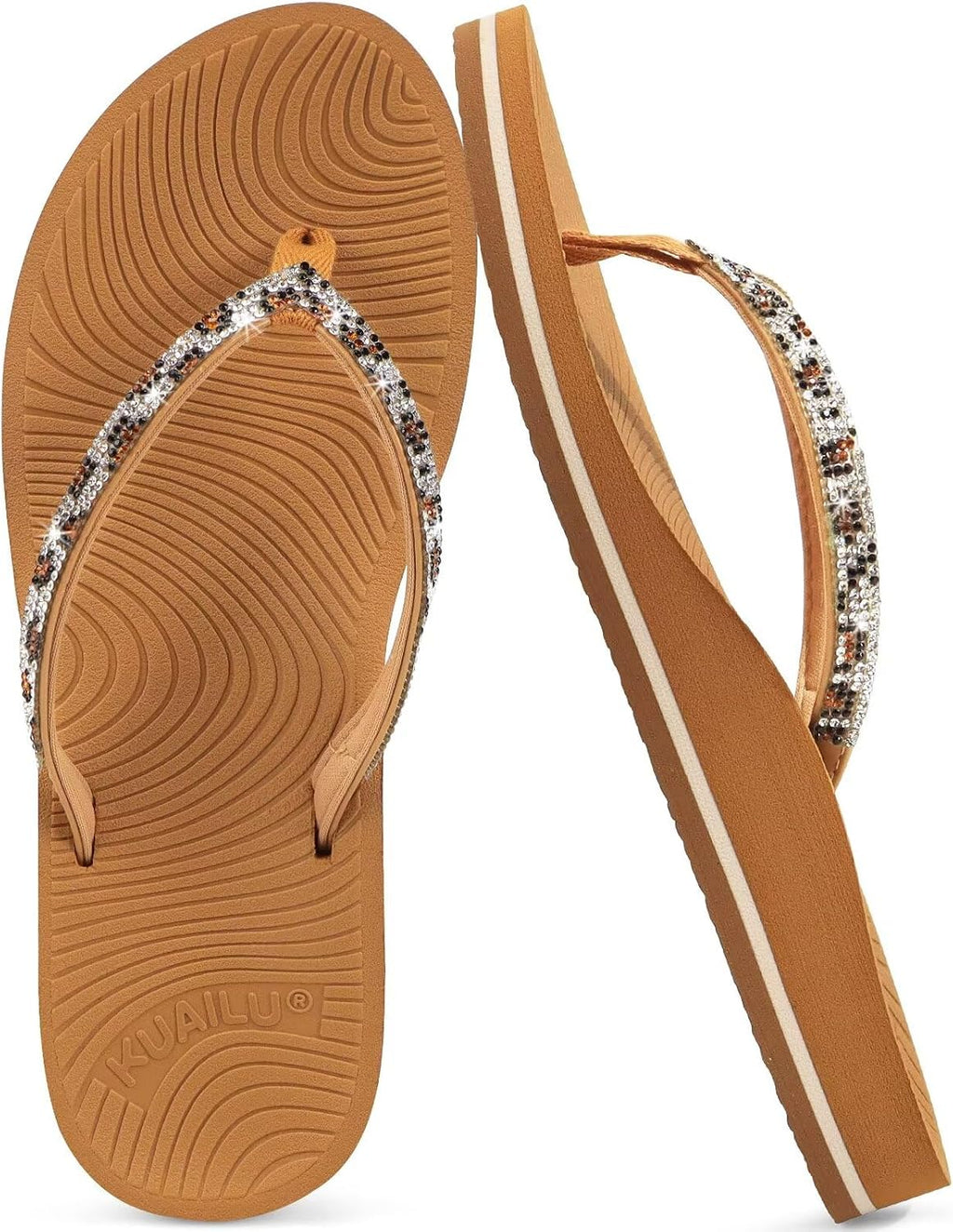 Women's Rhinestone Thong Flip Flops - Yoga Mat Cushioned Footbed with Arch Support for Beach and Travel - 6