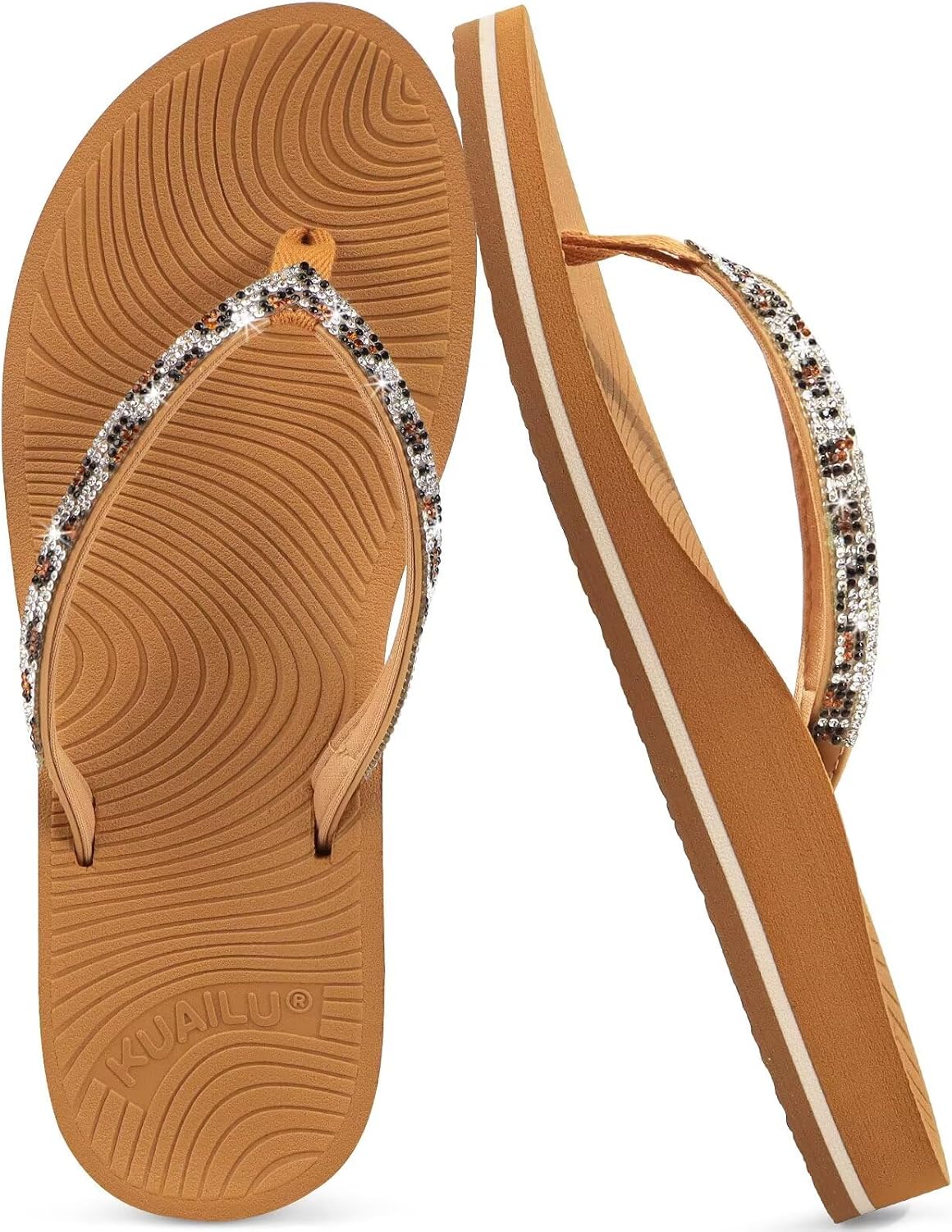 Women's Rhinestone Thong Flip Flops - Yoga Mat Cushioned Footbed with Arch Support for Beach and Travel - 6